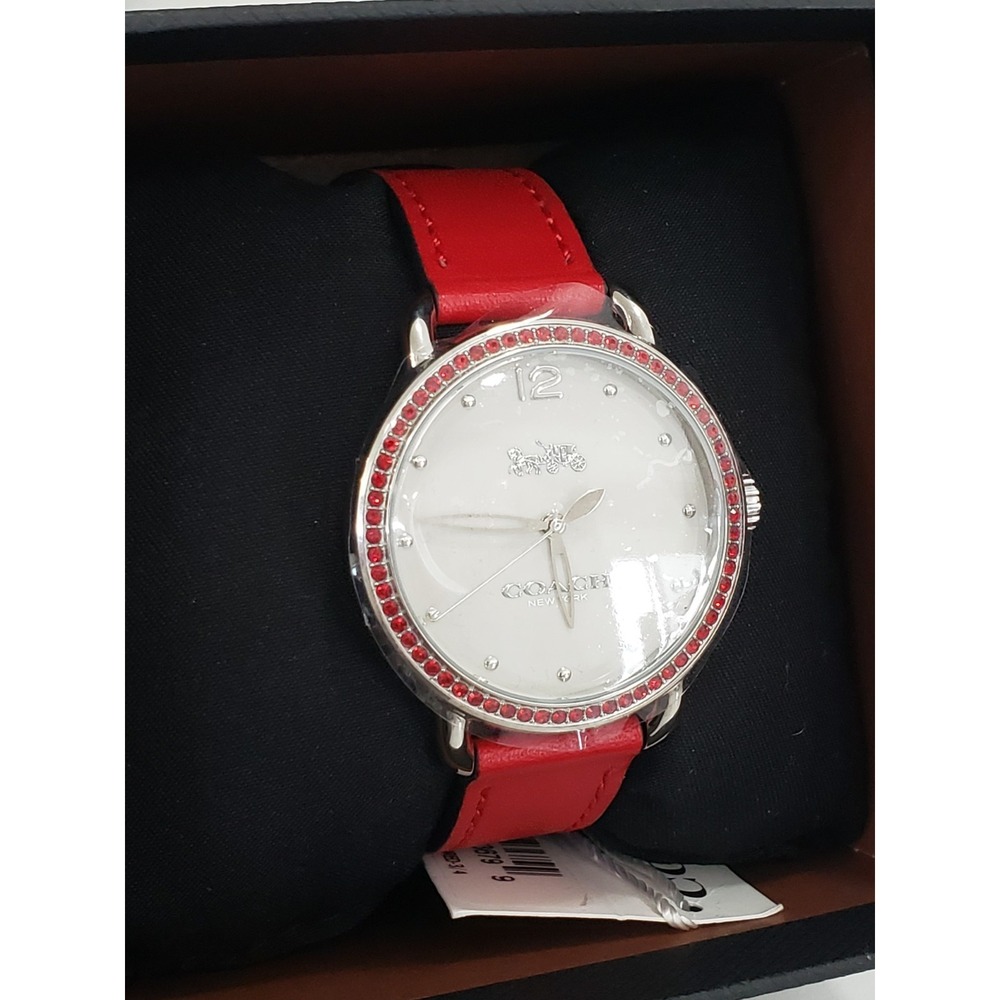 NEW COACH Red Leather Crystal Rhinestone Silver Plated Ladies Watch Leather Y2k - Picture 6 of 7